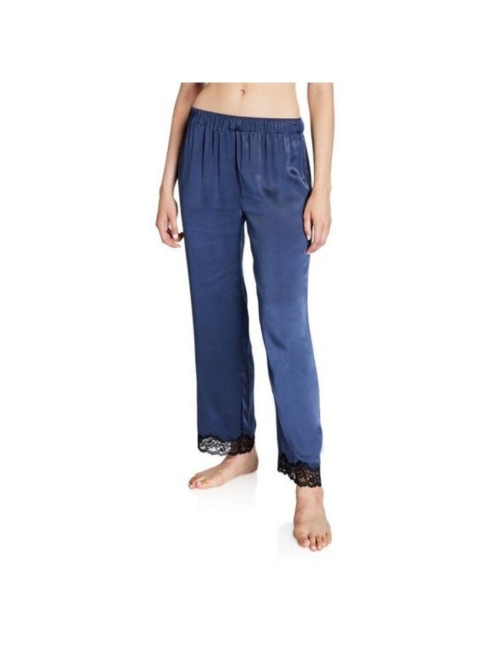 Neiman Marcus Silky Satin Lounge Pants Midnight Blue Black Lace Trim